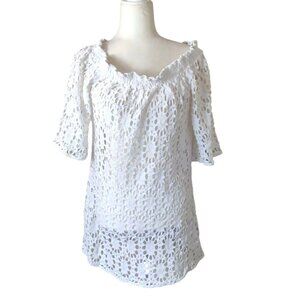 Trina Turk Womens XL White Crochet Cotton Dress 3/4 Sleeves Floral Eyelet Design